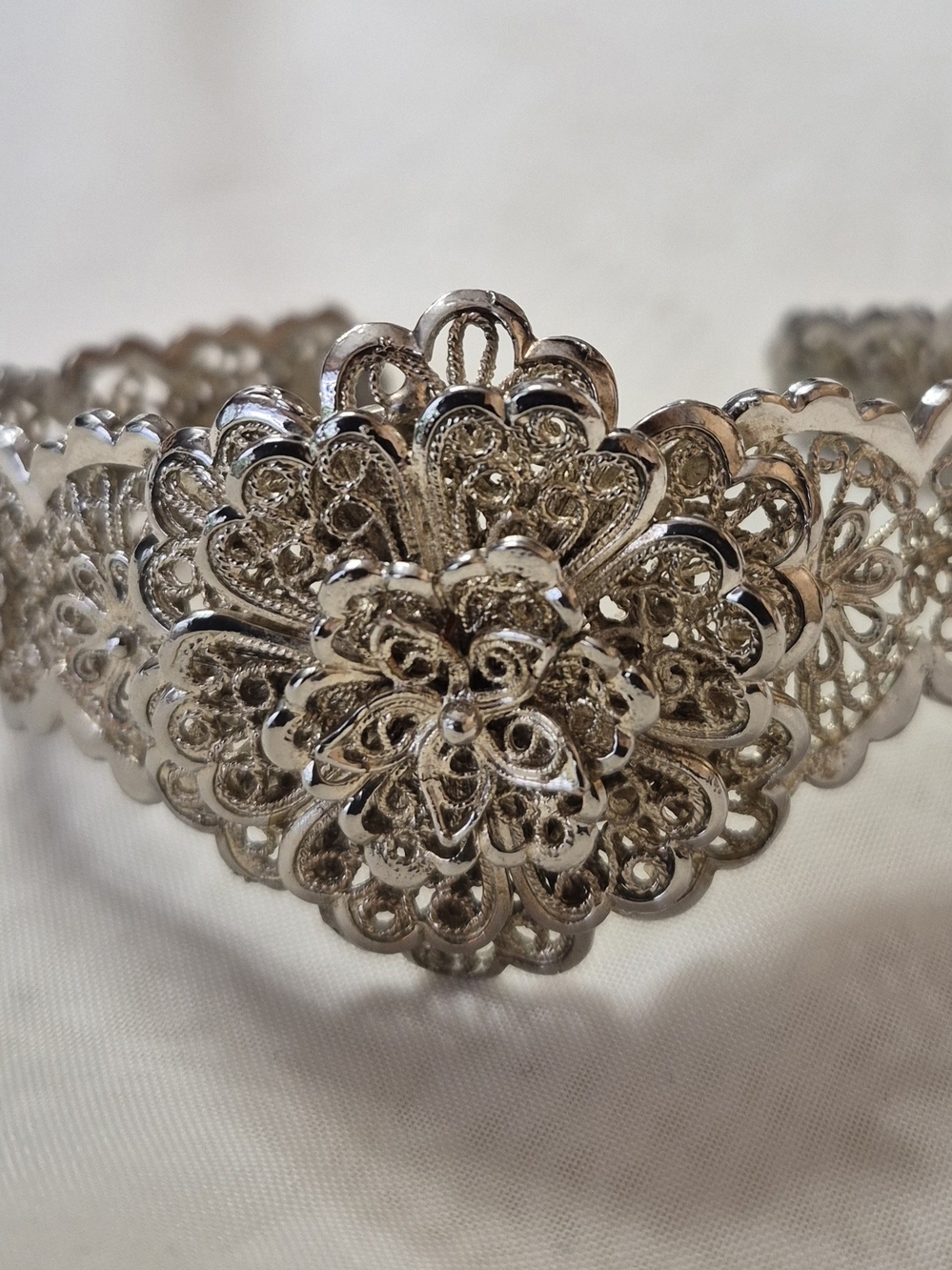 Handcrafted Intricate Silver Tone Floral Filigree Cuff Bracelet - Women Jewelry